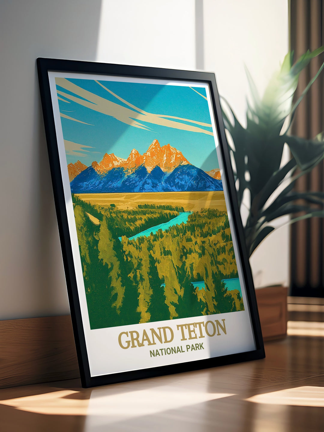 Snake River Overlook wall art showcasing the breathtaking scenery of Grand Teton National Park, with the Tetons reflected in the calm waters of the Snake River. This print captures the beauty and grandeur of the American West, making it a perfect addition to any decor, ideal for travel and nature lovers.