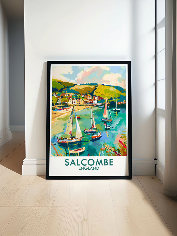 The Salcombe Harbor seaside poster showcases the picturesque beauty of Salcombe Devon with vibrant colors and a stunning retro travel poster design