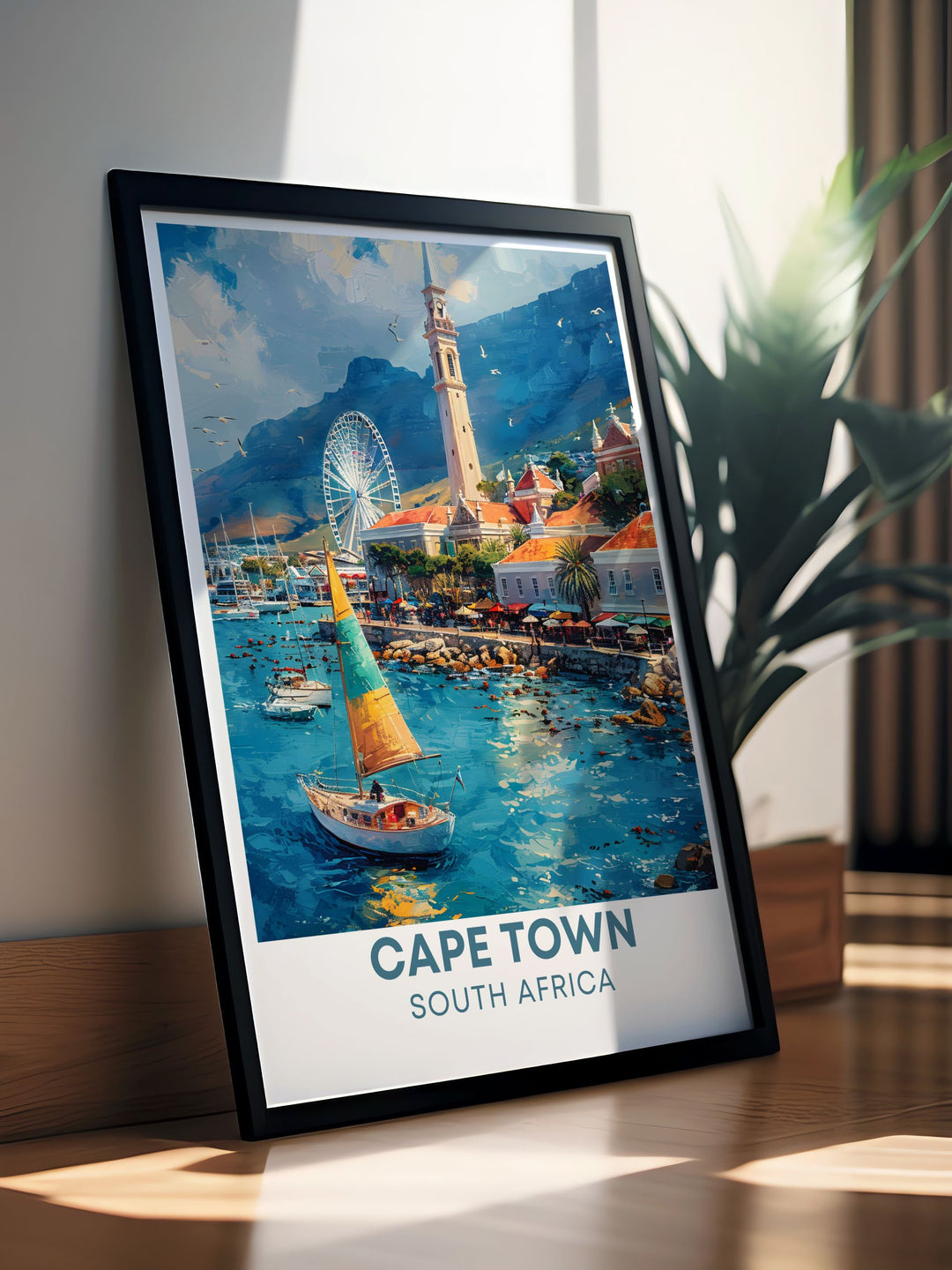 This poster artfully depicts the Victoria & Alfred Waterfront and its role as a cultural hub in Cape Town, offering a perfect blend of urban landmarks and scenic landscapes for your decor.