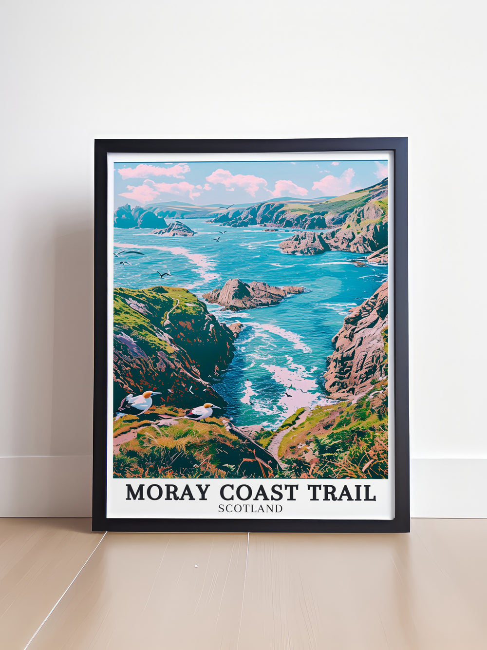 Moray Coast Trail Travel Print that captures the adventure and beauty of hiking along Scotlands Moray Coast. The print is a stunning visual journey, perfect for those who appreciate Scotlands natural wonders and outdoor activities.