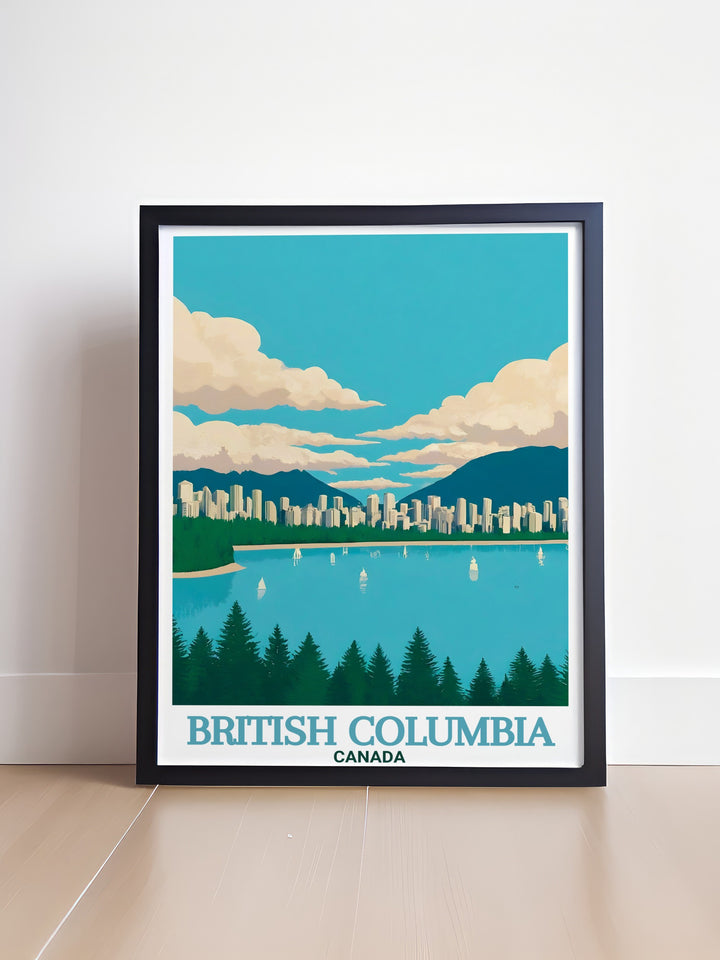 Stanley Park wall art features the peaceful beauty of British Columbias iconic park, offering a scenic view of the ocean and forest. This travel print is ideal for nature lovers and those who appreciate Canadian landscapes.