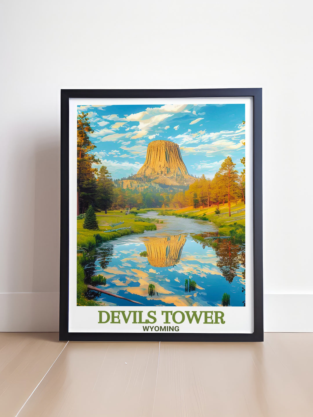 Devils Tower Wyoming art print featuring the Belle Fourche River perfect for those who love adventure and nature inspired decor. This elegant Wyoming landmark artwork adds sophistication and natural beauty to your living room bedroom or office space.