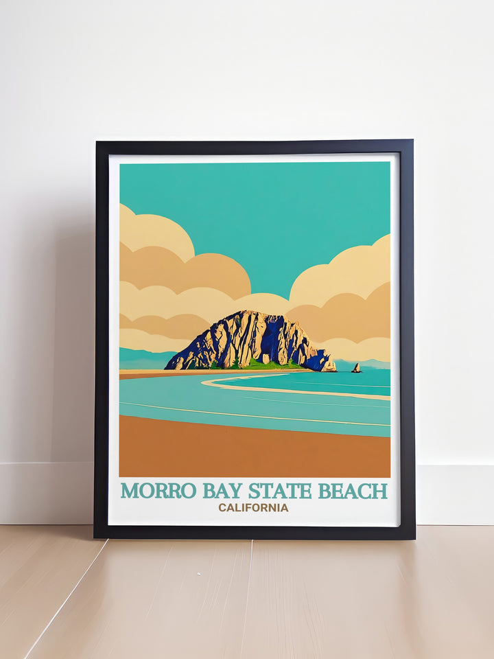 This travel poster showcases the calm and expansive views of Morro Bay State Beach and Morro Strand State Beach. The vibrant colors and fine details make this artwork a beautiful tribute to Californias stunning coastline.