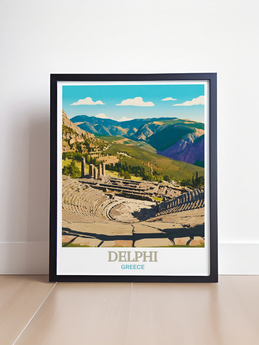 Greece travel poster featuring the Theatre of Delphi, where ancient dramas once captivated audiences with their tales of gods and heroes. This art print is a beautiful representation of Greeces artistic legacy, perfect for inspiring a love for classical history and culture.