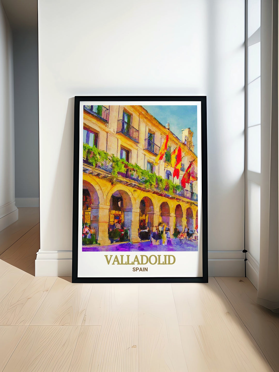 This Valladolid poster print showcases the historic beauty of Plaza Mayor, Spains first fully enclosed square. The vibrant architecture and cultural charm of this landmark are brought to life in this Spain travel print, making it the perfect addition to any home or a thoughtful gift for travel lovers.