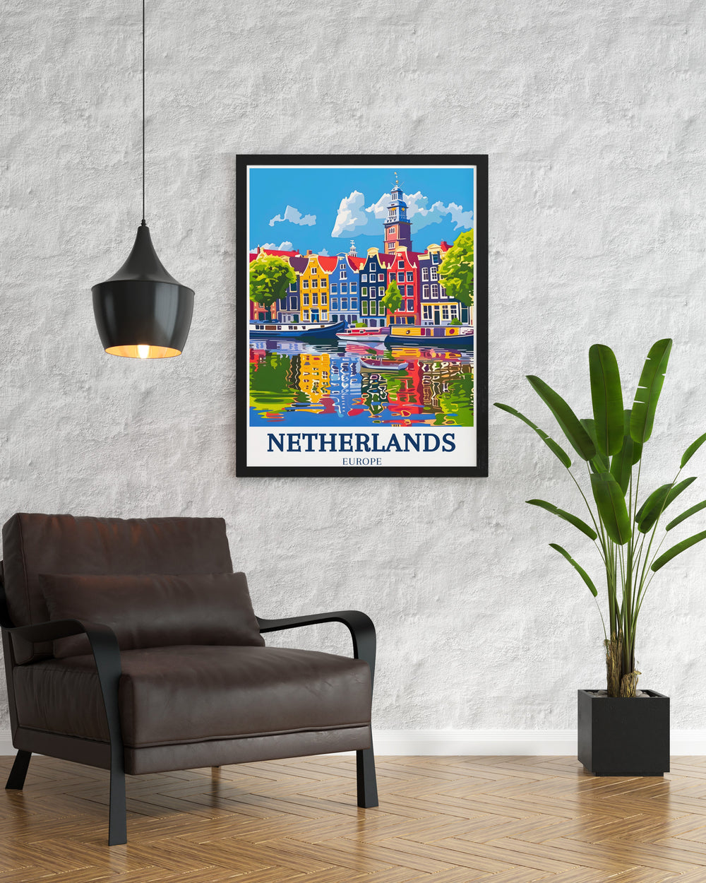 Elegant minimal travel print showcasing the picturesque Amsterdam Canal Westerkerk highlighting the timeless charm of Dutch landscapes with tulips and windmills an ideal piece for sophisticated living room decor and thoughtful Amsterdam gifts