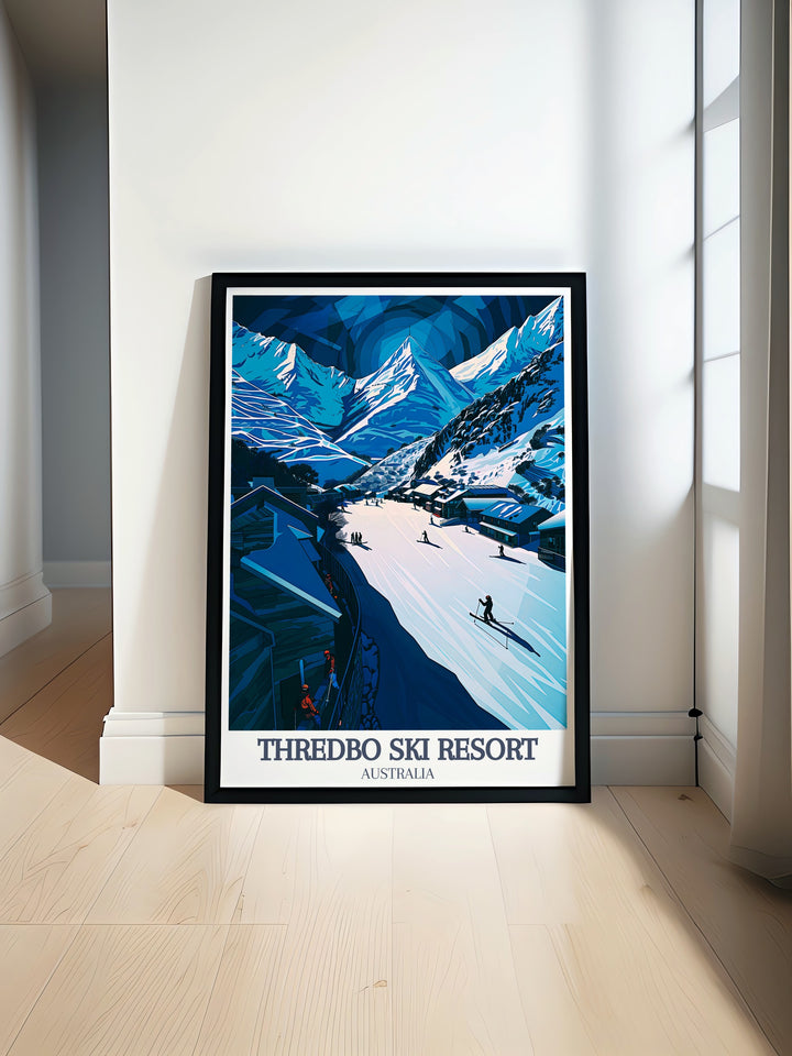 Thredbo Ski Resort poster print highlights the natural beauty of the Australian Alps, focusing on the iconic Thredbo Village and its surrounding snow covered peaks. Ideal for home or office décor, this vintage travel print adds a unique touch to any wall.