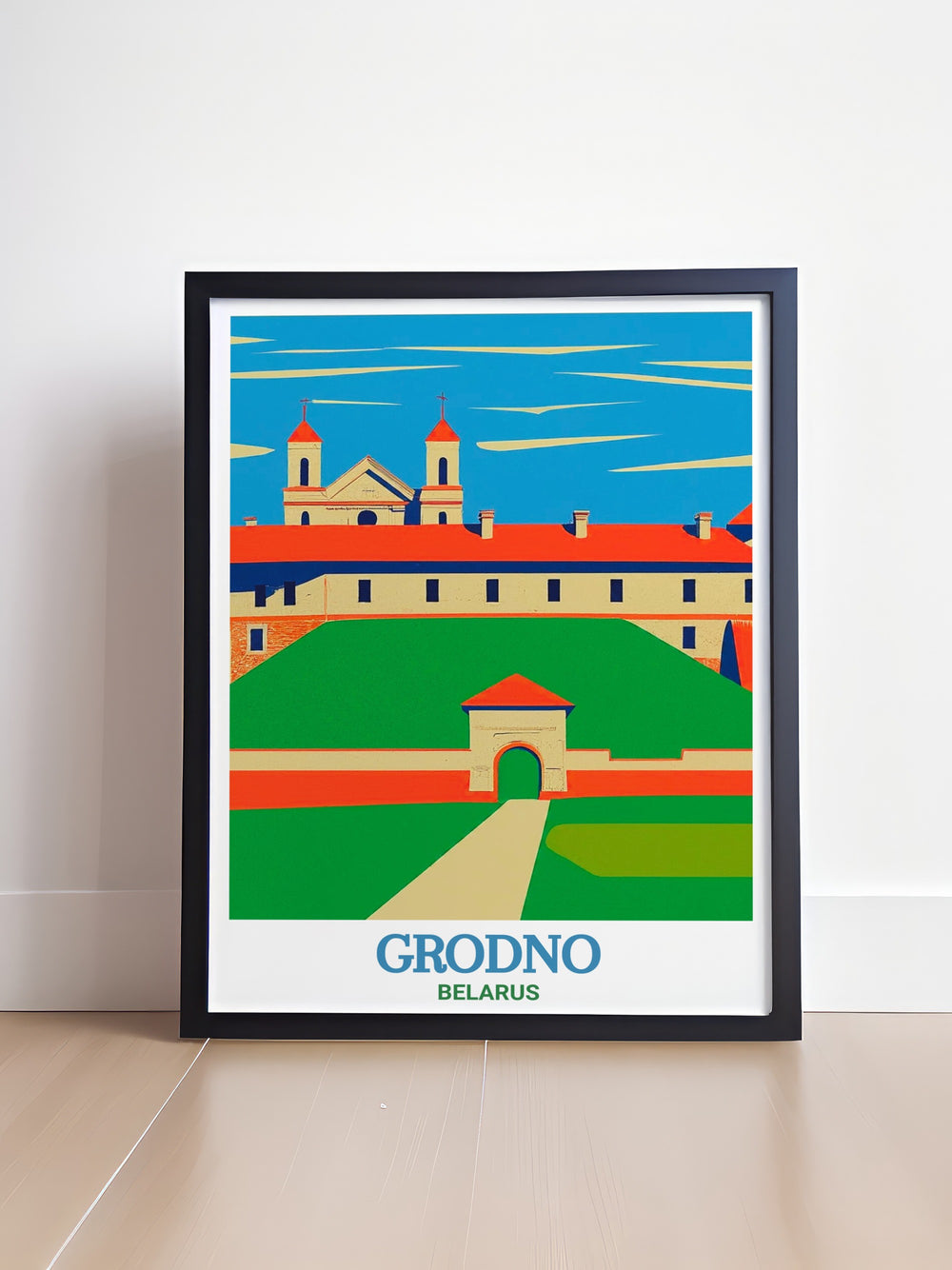 A beautiful depiction of the New Grodno Castle in Belarus, this poster captures the timeless beauty of one of the countrys most iconic landmarks. Whether youve been to Grodno or dream of visiting, this travel print adds a touch of Belarusian culture to your living space.