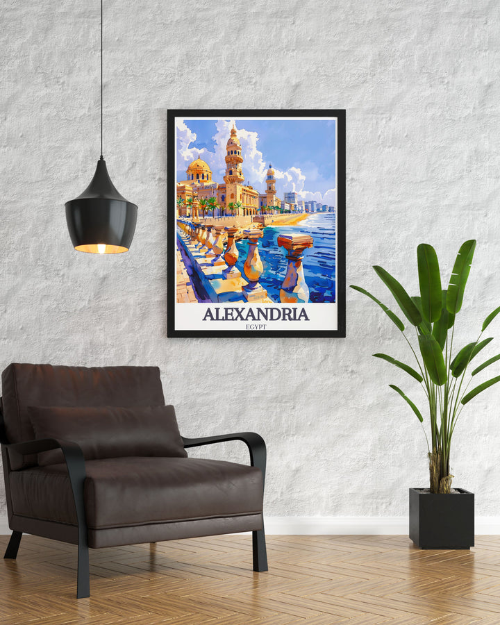 Enhance your space with a stunning Alexandria Egypt poster depicting Stanley Beach and Corniche Promenade Cathedral. This fine line print adds a splash of color and sophistication, making it a perfect addition to any room or office decor.