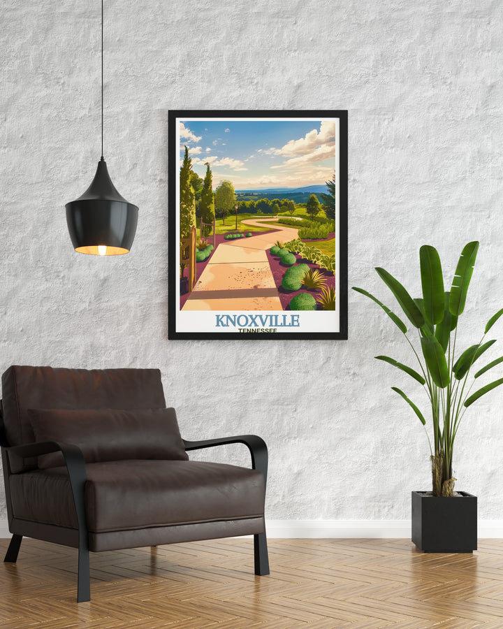 Beautiful Knoxville Botanical Garden poster capturing the serene landscapes of one of Tennessees most beloved green spaces. This artwork is perfect for nature lovers and those looking to bring a touch of Knoxvilles tranquility into their living room or office.