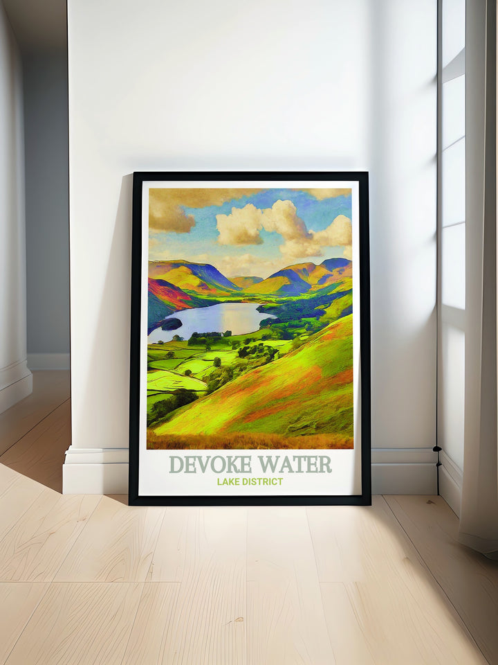 Featuring Devoke Waters serene waters and the surrounding hills, this vintage travel print evokes the charm of classic railway posters, bringing the timeless beauty of the Lake District into your home.