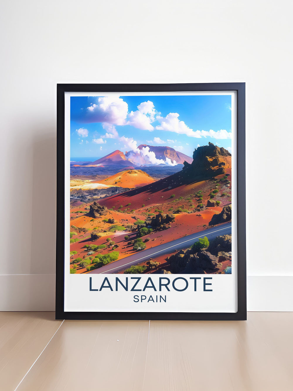 This detailed poster illustrates the geothermal activity of Timanfaya National Park, featuring steam vents and volcanic demonstrations that showcase the intense heat beneath the surface, making it a fascinating addition to your travel art collection.