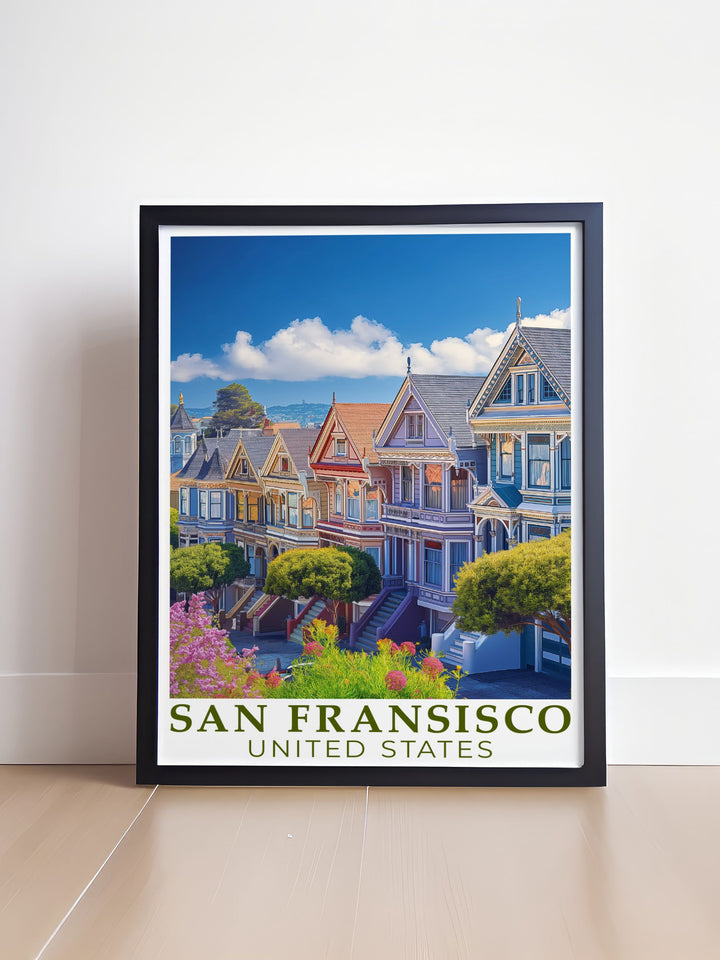 USA travel print featuring the Golden Gate Bridge and The Painted Ladies showcases the stunning landmarks of San Francisco perfect for modern art enthusiasts