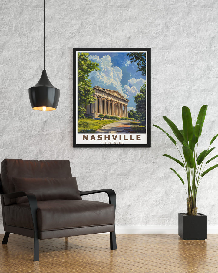 This Nashville Wall Poster showcases the stunning Parthenon in Centennial Park, blending historical reverence with the creative energy of Tennessees capital city. Perfect for lovers of art, culture, and history.