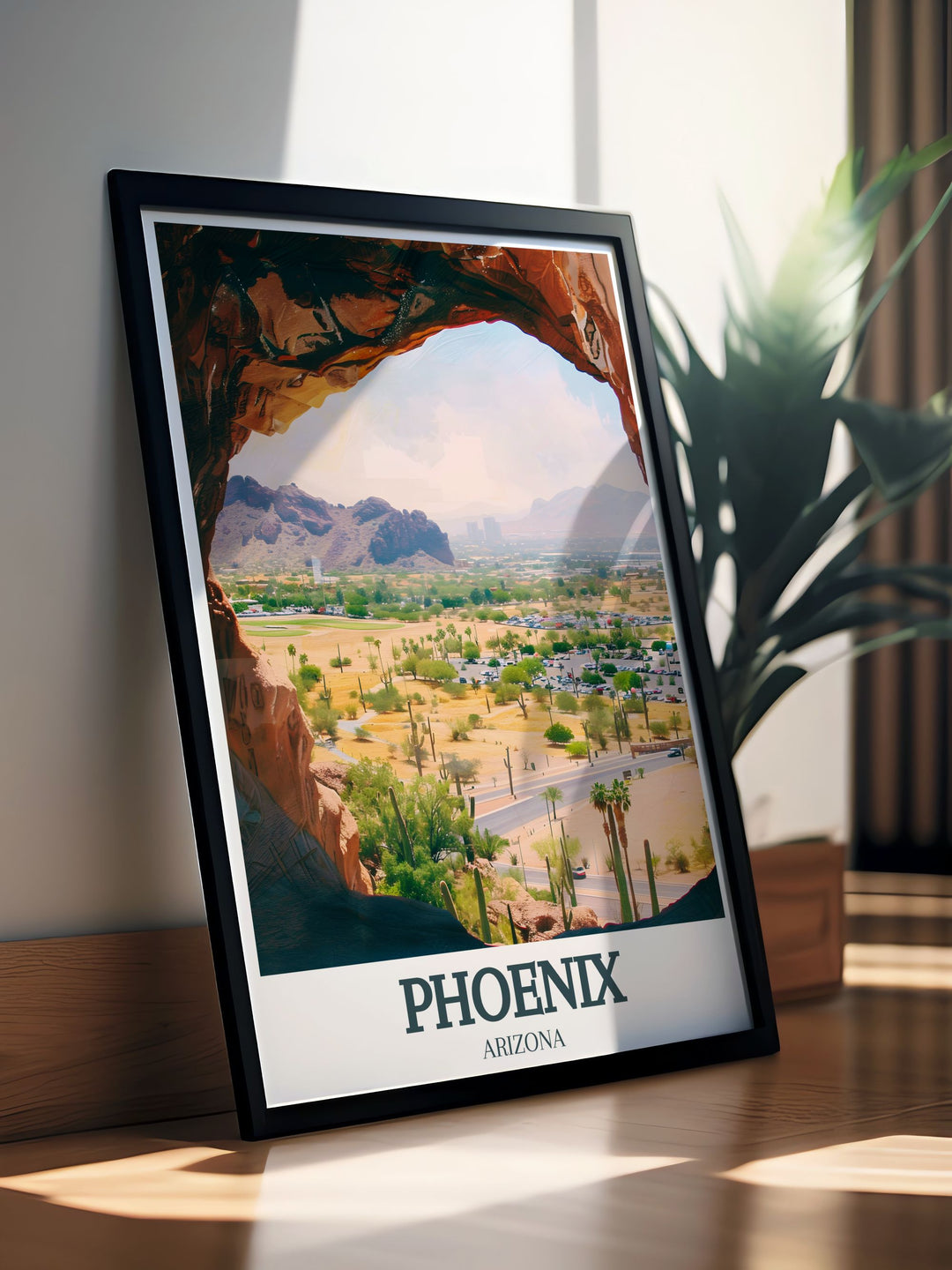 Papago Park Travel Print featuring the iconic Hole in the Rock, capturing Arizonas rugged beauty and unique geological formations. This canvas art celebrates the wonders of Phoenix, making it ideal for those who appreciate outdoor landscapes.