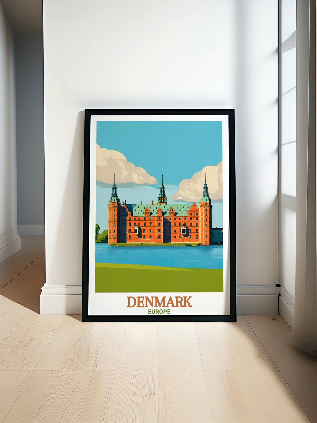 A beautiful travel poster of Camberwell London featuring Ruskin Park with its iconic bandstand perfect for adding a touch of London to your space and showcasing the scenic beauty of both Ruskin Park and Frederiksborg Castle in one stunning piece