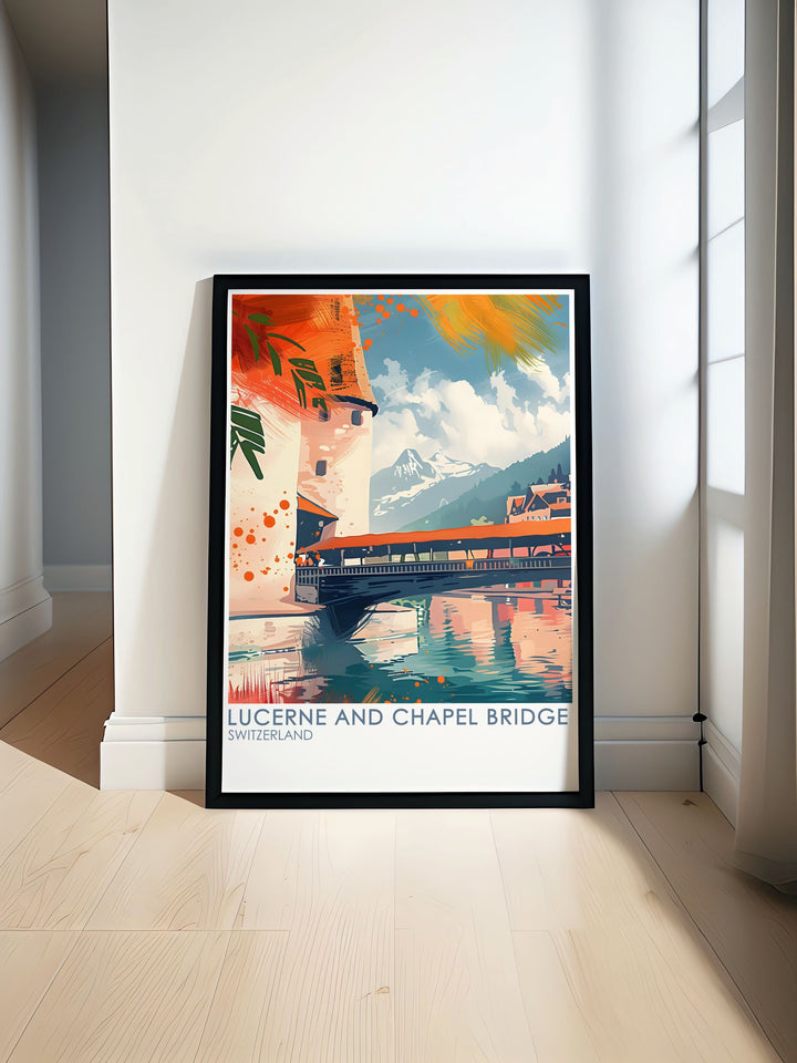 Grindelwald Poster showcasing the iconic Eiger Mountain with intricate details and vibrant colors ideal for enhancing your home decor along with Lucerne and Chapel Bridge modern prints perfect for elegant living room decoration