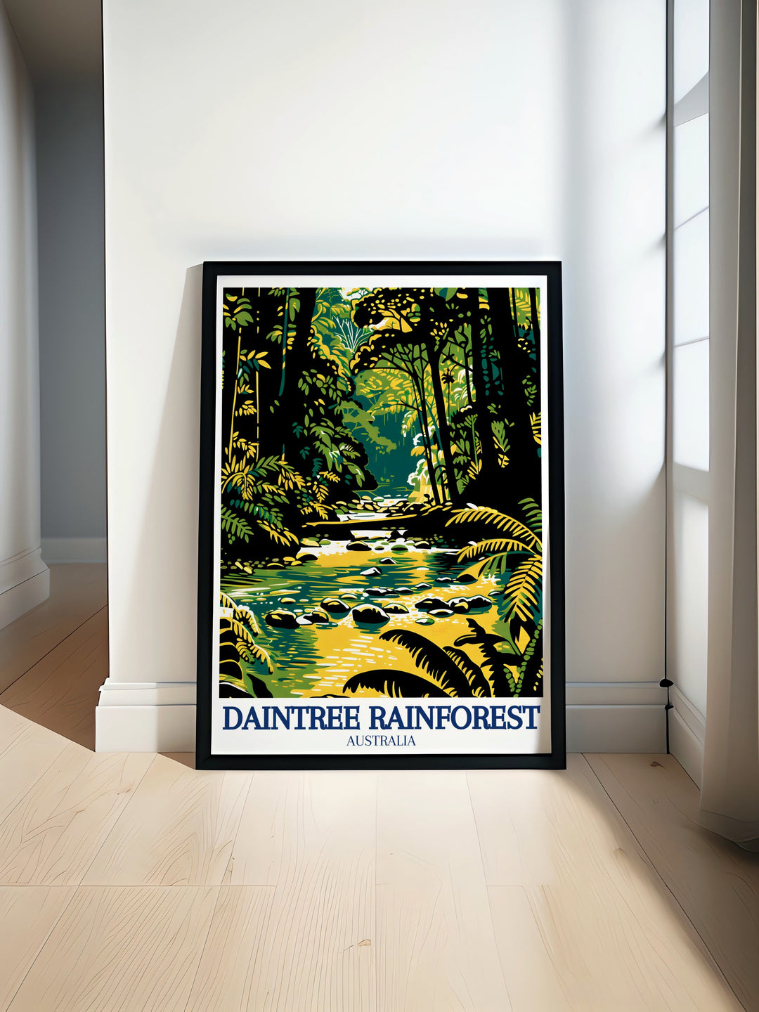 Daintree Travel Print showcases the grandeur of one of the worlds oldest rainforests, paired with the tranquil waters of Mossman Gorge and the peaceful atmosphere of Emmagen Creek. Perfect for any room, this wall art brings the serenity of nature into your home.