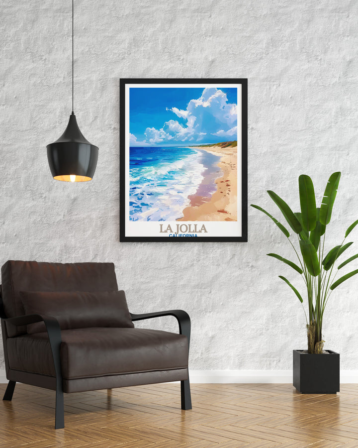 La Jolla Shores Beach Canvas Art highlights the breathtaking coastline of La Jolla Cove in California. This coastal themed artwork is perfect for enhancing your home with a serene and peaceful atmosphere, ideal for those who appreciate beach art and travel prints.