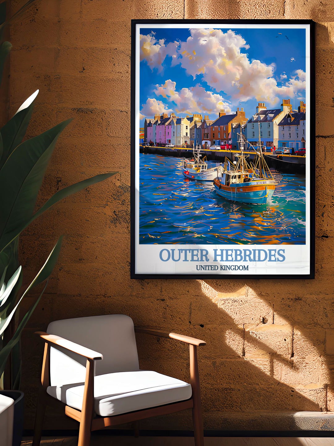 North Uist print with Stornoway Harbour artwork showcasing the rich cultural heritage and natural wonders of the Scottish islands perfect for travel art lovers