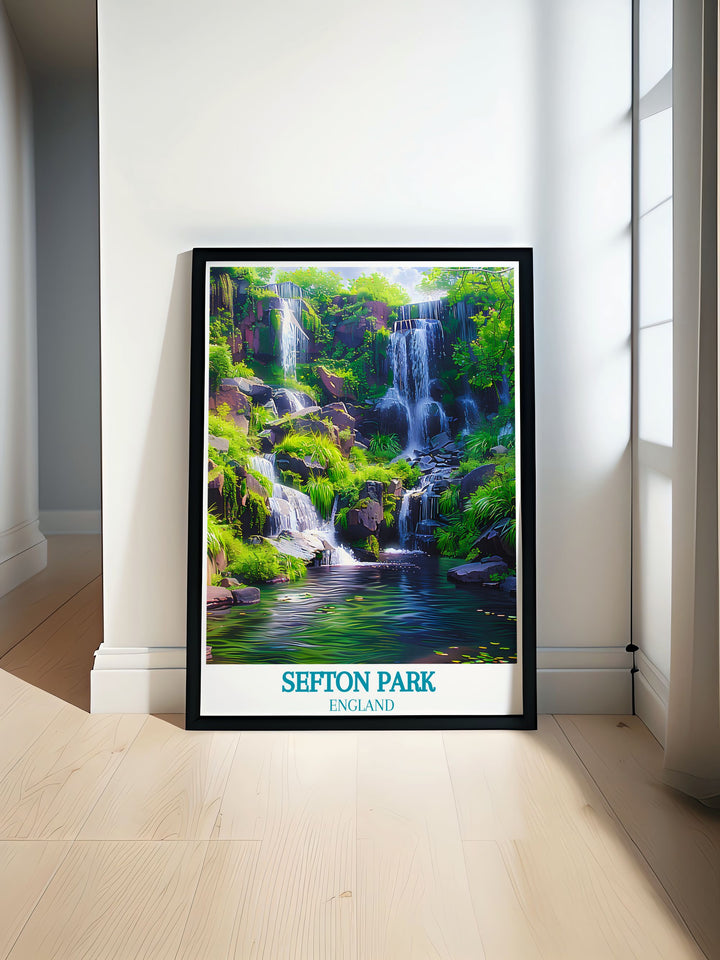 Retro travel poster featuring the Liver Building in Liverpool and the enchanting Fairy Glen creating a perfect blend of urban and natural beauty for your home decor. Ideal for those who appreciate the iconic landmarks of Liverpool and the mystical charm of Fairy Glen.
