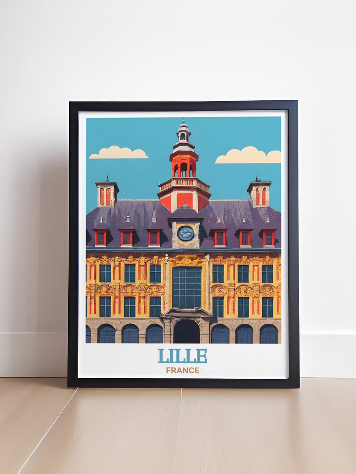 A detailed poster print of Lille, France, highlighting the stunning Old Stock Exchange. This travel artwork captures the essence of French architectural beauty, making it a perfect addition to any art collection. The fine lines and intricate designs of this historic building are brought to life in vivid detail.