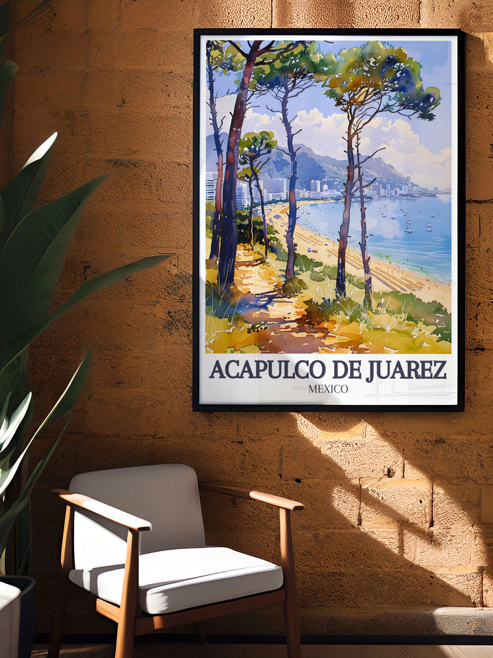 The iconic Las Torres Gemelas and the bustling energy of Acapulco de Juárez are captured in this travel poster, highlighting the citys blend of history and modernity. I
