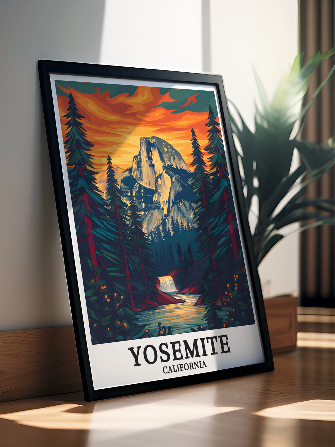 Half Dome and Yosemite Falls print delivering breathtaking views of Californias Sierra Nevada ideal for enhancing your living room or office space