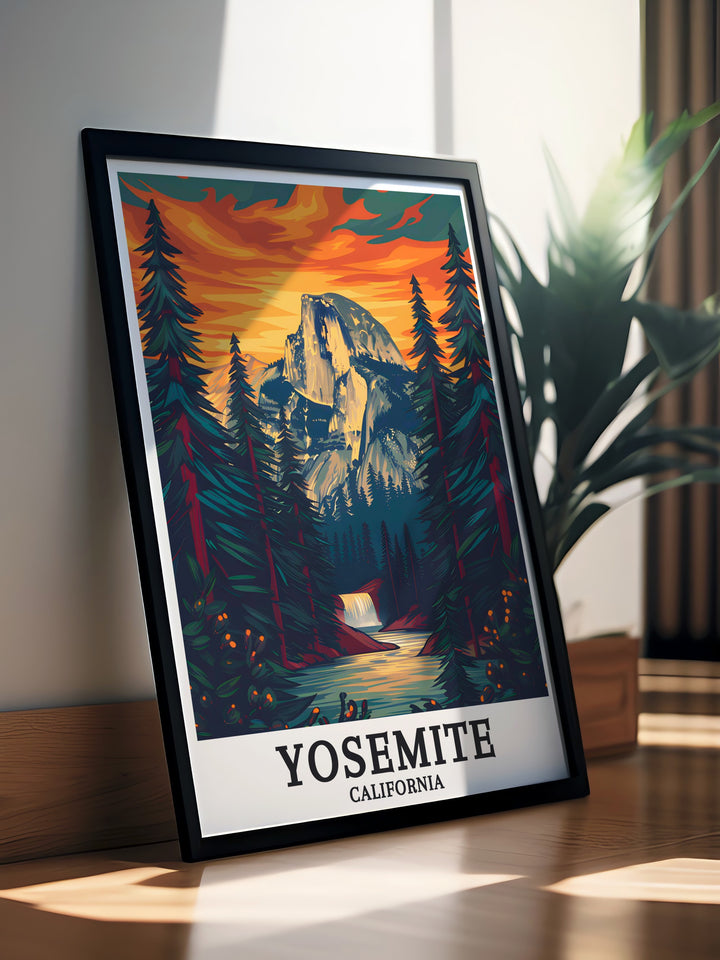 Half Dome and Yosemite Falls print delivering breathtaking views of Californias Sierra Nevada ideal for enhancing your living room or office space