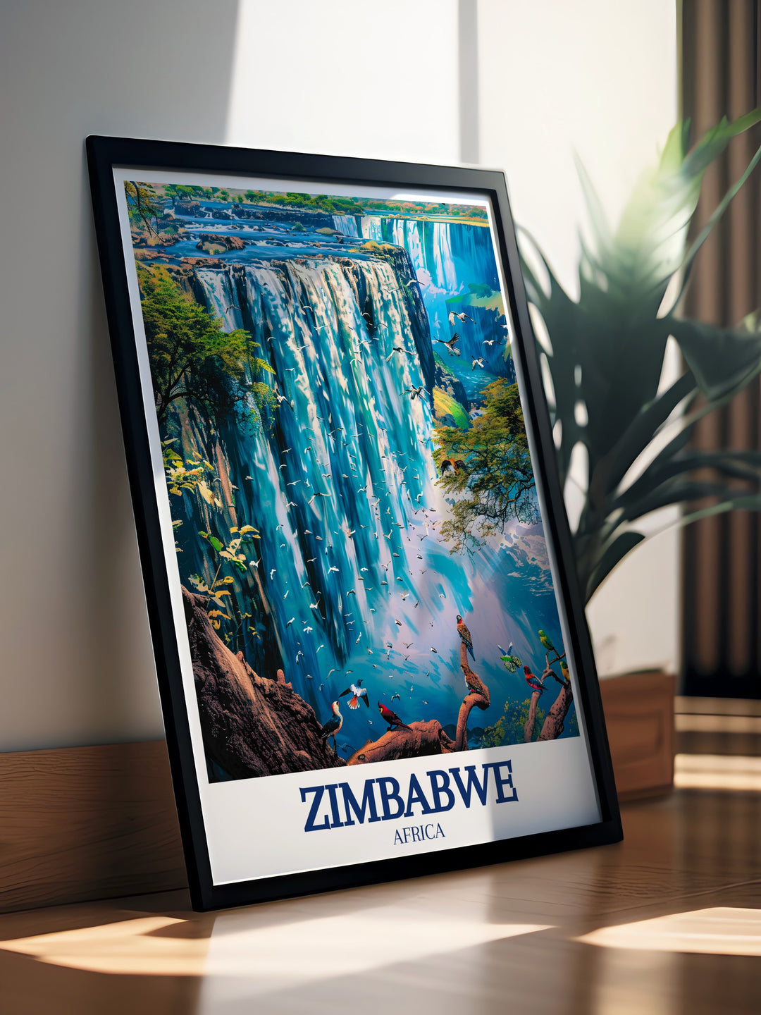 This detailed art print showcases Zimbabwes Eastern Highlands and Victoria Falls. The print captures the breathtaking beauty of these iconic African landmarks, making it a perfect addition to any home or office. Ideal for travel enthusiasts and nature lovers, this artwork brings a vibrant piece of Zimbabwes landscapes into your space.