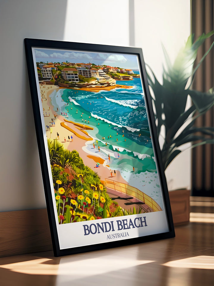 Sydney poster showcasing the Harbour Bridge and Sydney Opera House against a backdrop of clear blue skies. Bondi to Coogee Coastal Walk Bondi vintage print brings the sun soaked charm of Bondi Beach into your home, ideal for lovers of Australia art.