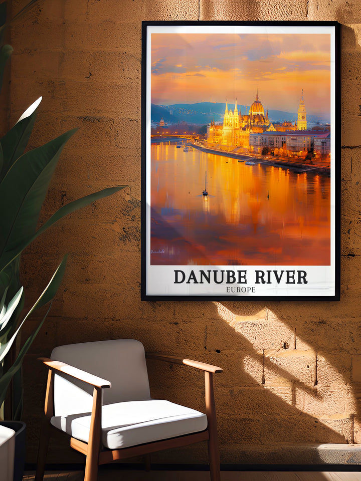 The Hungarian Parliament Building Budapest is beautifully captured in this Danube Travel Art print. Perfect as a holiday gift or as a sophisticated addition to your living room decor. Celebrate the beauty of Budapest with this stunning artwork.