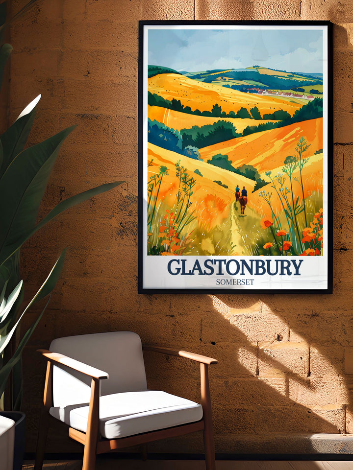 Gorgeous Glastonbury Tor artwork set against the backdrop of Somerset levels and Mendip hills perfect for enhancing your home with UK art or as an England travel gift a stunning piece of Somerset levels Mendip hills wall art.