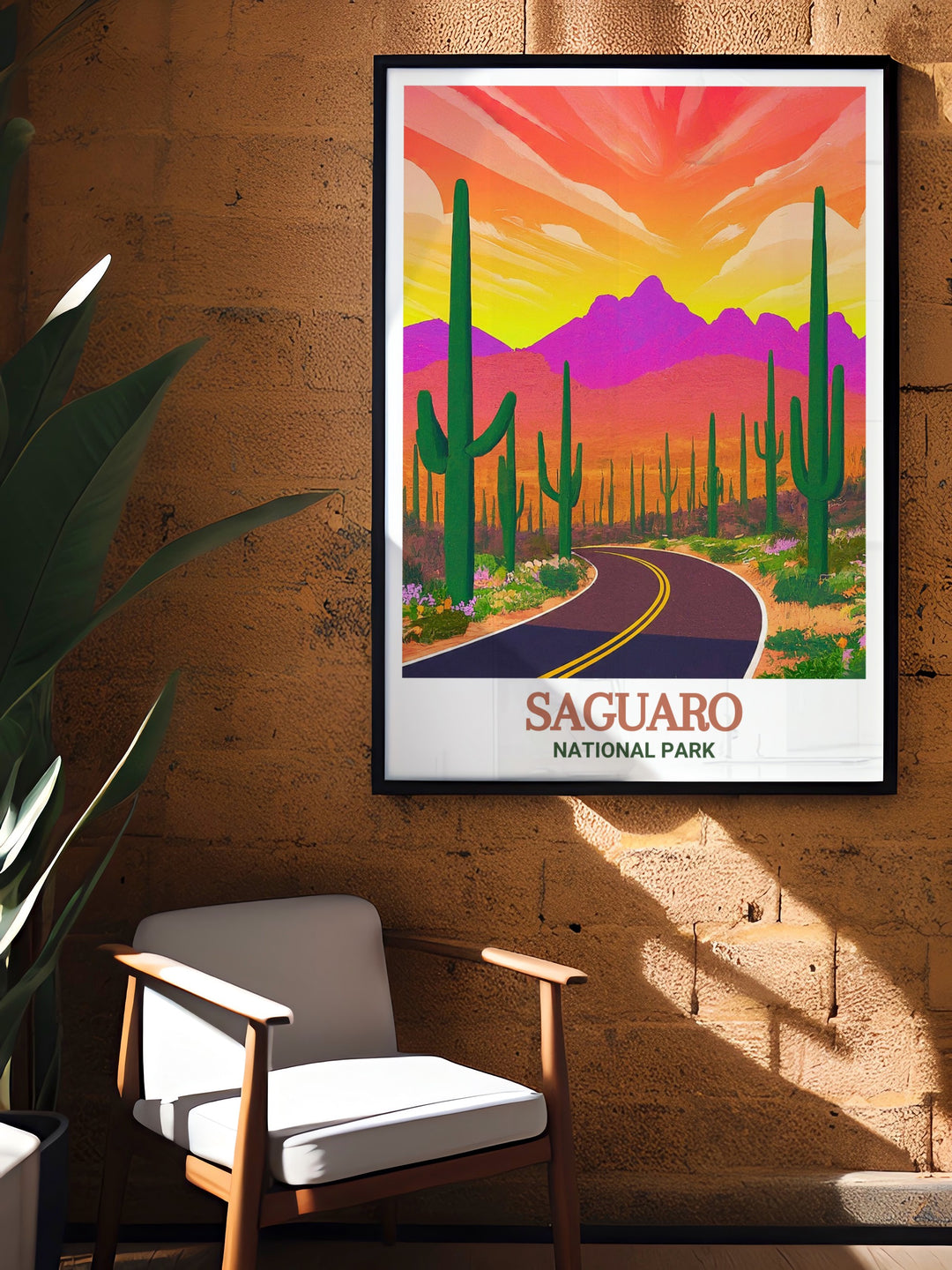 Experience the tranquility of the Arizona desert with this detailed travel print, featuring the iconic Saguaro National Park and the scenic drive through Cactus Forest Drive, perfect for adding a touch of adventure to your decor.