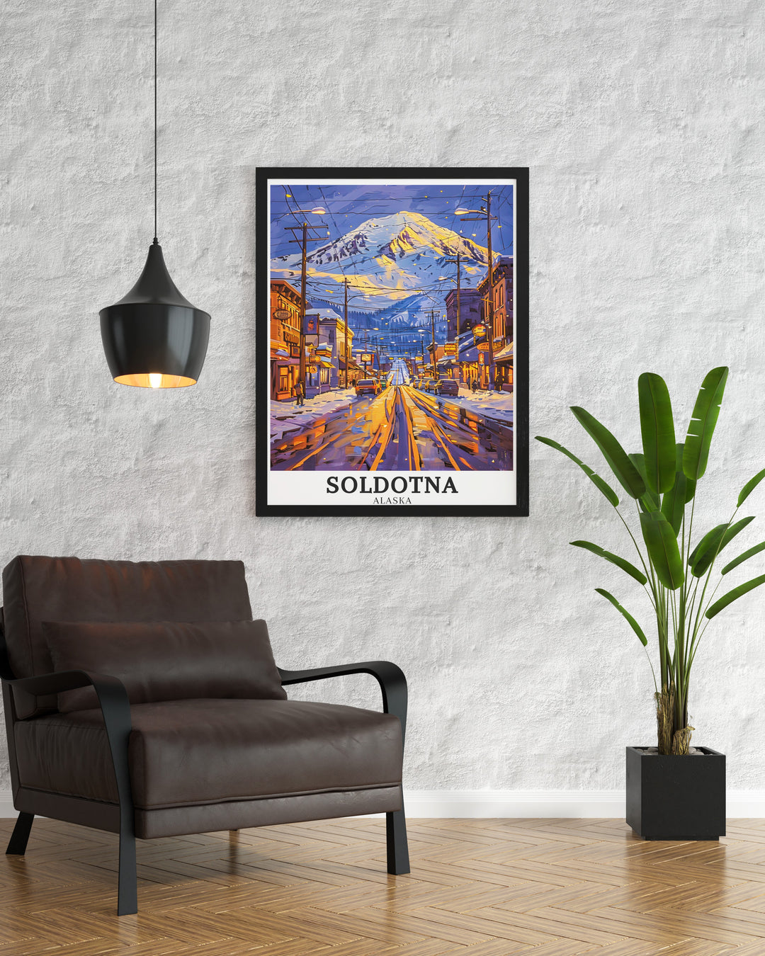 Detailed Soldotna print featuring the awe inspiring Mt. Redoubt and the inviting Soldotna town. This print encapsulates the essence of Alaskas wilderness and community, making it a cherished addition to any home