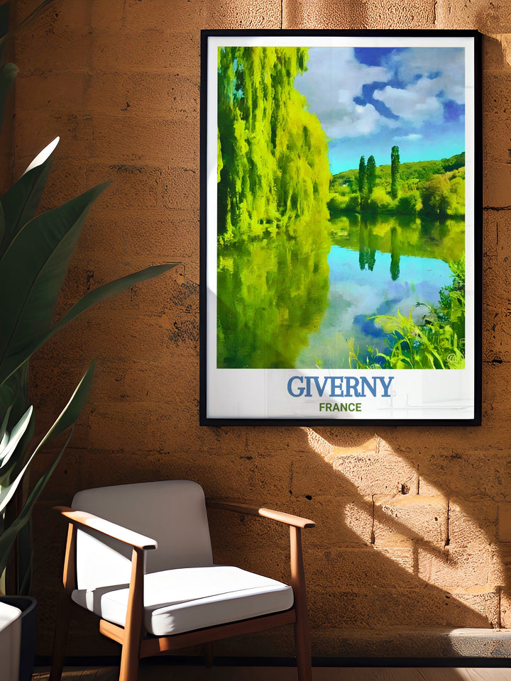 Celebrate the beauty of France with this Giverny poster print, capturing the serene views of the Seine River and the artistic inspiration found in Giverny. The peaceful flow of the water and the lush greenery make this artwork truly captivating. room with a chair