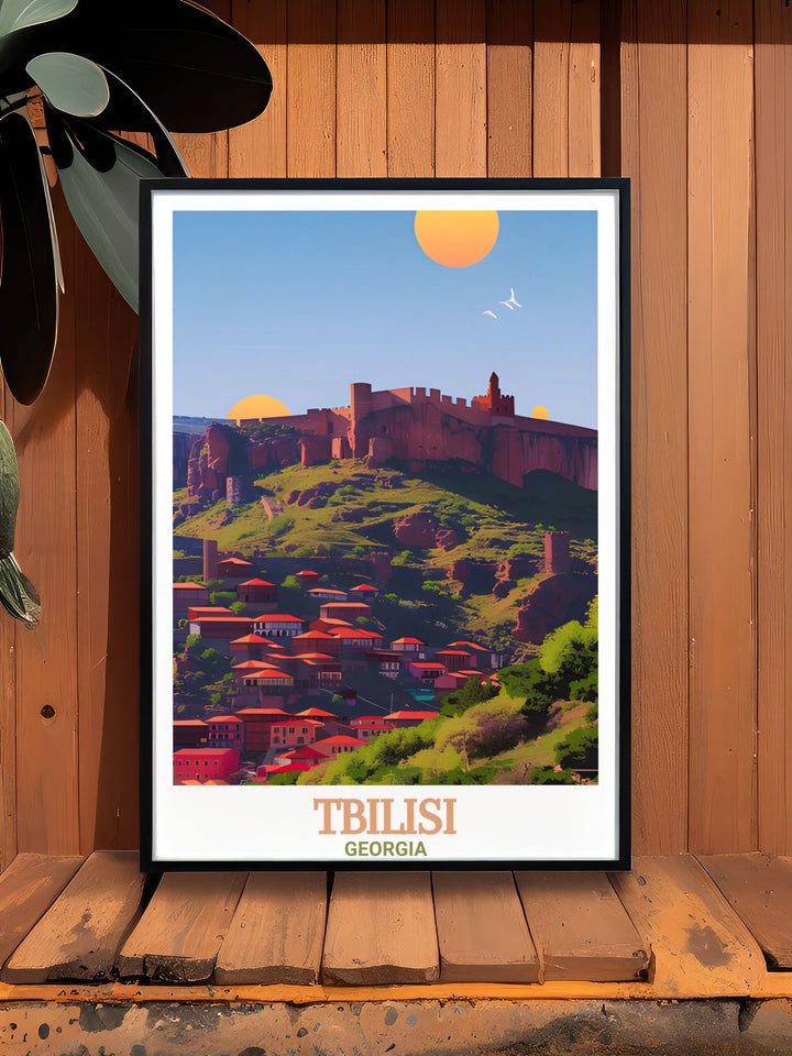 Featuring Narikala Fortress this Tbilisi Travel Print blends modern design with historical architecture creating a unique piece of wall art. Whether for your home or as a personalized gift this artwork is perfect for those who love travel and culture.