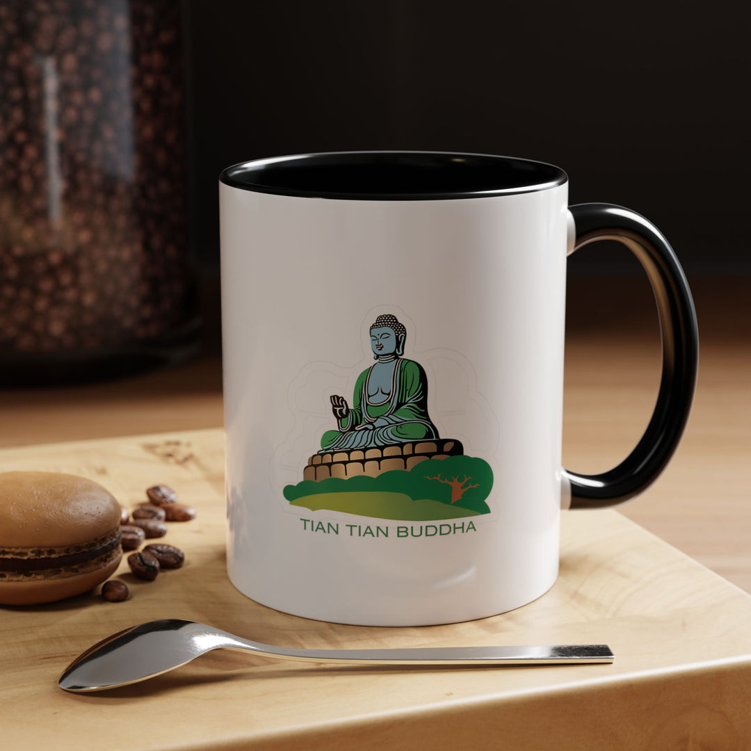 A stylish Tian Tan Buddha Mug perfect for adding a touch of enlightenment to your day. Showcasing detailed illustrations of the iconic statue, it is durable and dishwasher safe. An ideal gift for coffee or tea lovers who appreciate cultural and artistic expressions.