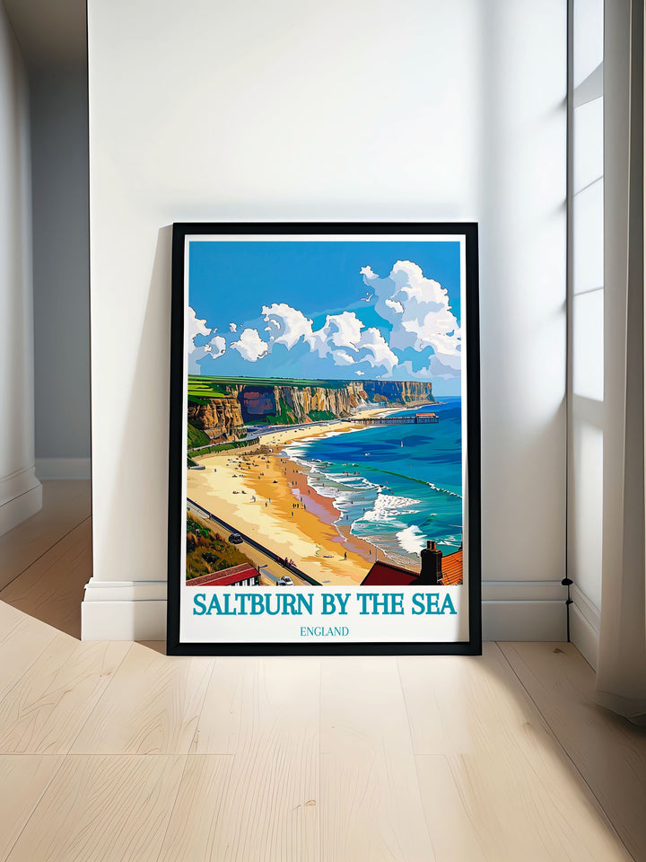 Saltburn Beach art print featuring stunning views of the iconic Saltburn Cliff Lift Saltburn Funicular and Saltburn Railway ideal for adding a touch of Yorkshire charm to your home decor perfect for travel lovers and art enthusiasts alike