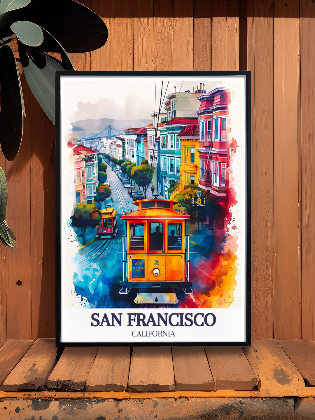 Taylor Streets steep incline leading to the Golden Gate Bridge is artfully illustrated in this canvas, capturing the essence of San Franciscos vibrant city life and famous landmarks. A standout piece of travel decor.