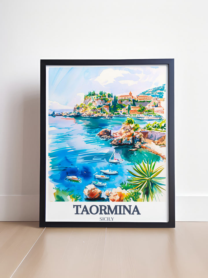 Taormina art print showcasing Taormina Beach and Isola Bella. This Italy wall art captures the vibrant and tranquil aspects of Taorminas landscapes.