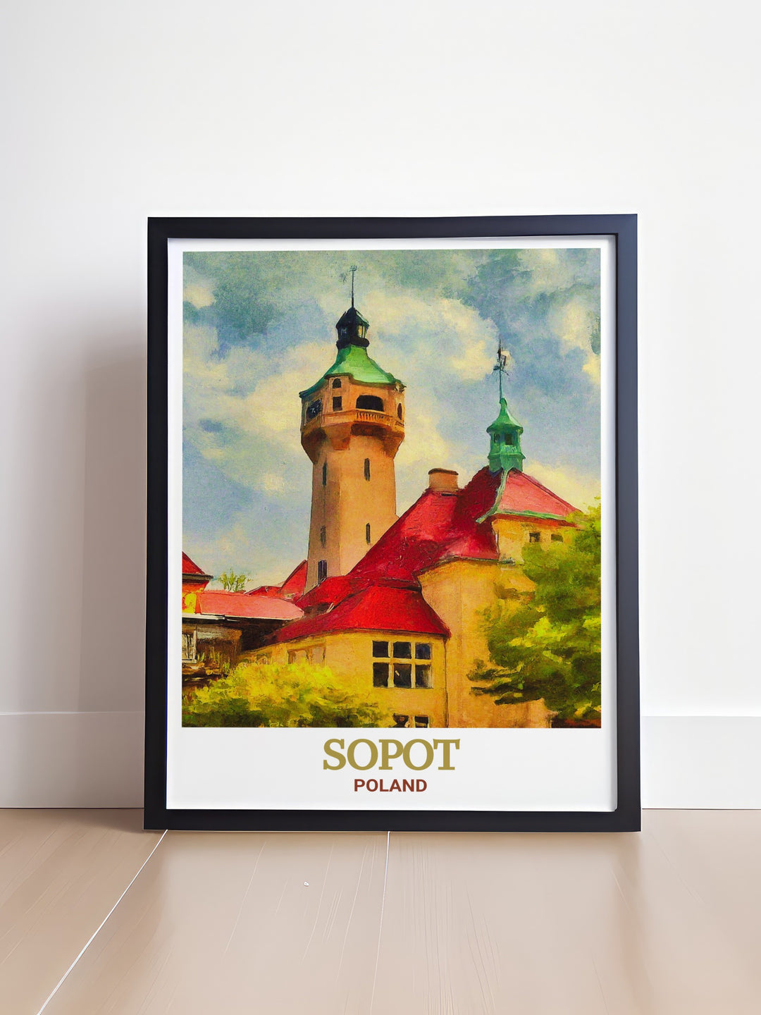 Custom print of Sopot Lighthouse, Poland, offering a detailed portrayal of this iconic structure. The artworks rich colors and fine lines make it a standout piece, perfect for enhancing any room with the charm of Polish maritime history.