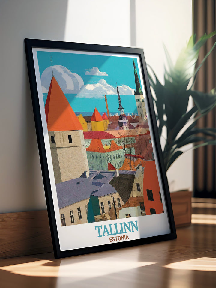 A striking Tallinn Estonia wall art print that beautifully captures the medieval charm of Tallinn Old Town. The vibrant colors and intricate details of the buildings make it a perfect addition to any space, whether for home decor or as a gift for travel enthusiasts.