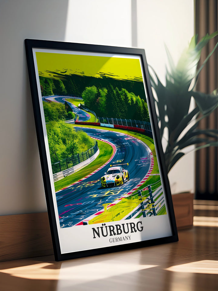 Experience the Nürburgrings legendary curves in this vibrant art print. Featuring the historic Nürburg castle and the scenic Ahrweiler countryside, this poster is perfect for anyone who loves racing and the natural beauty of Germany.