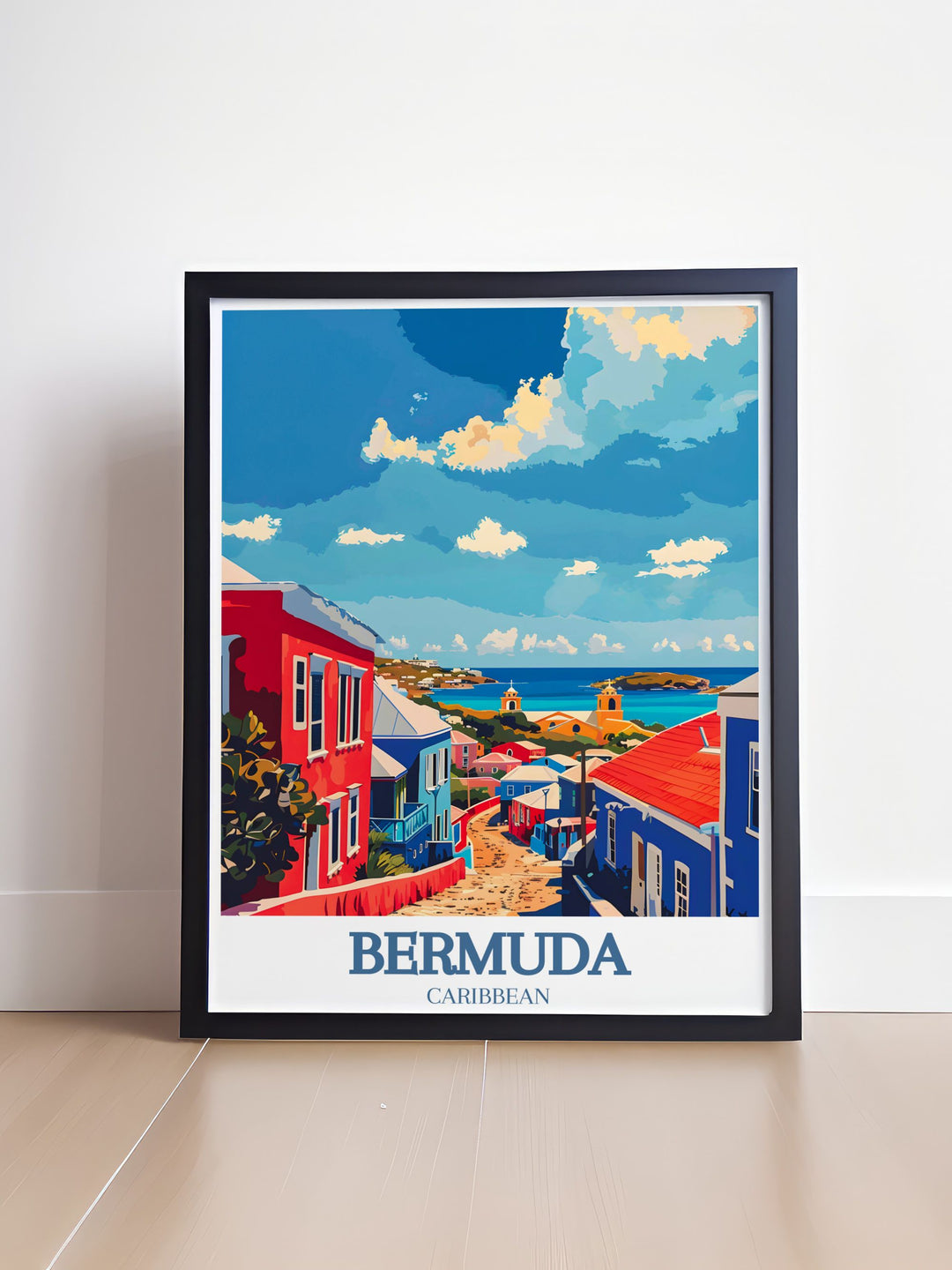 Beautiful Bermuda print highlighting the stunning architecture of the Royal Naval Dockyard and Clocktower Mall, ideal for history enthusiasts and travel art lovers. Adds a scenic and historic touch to your home decor.