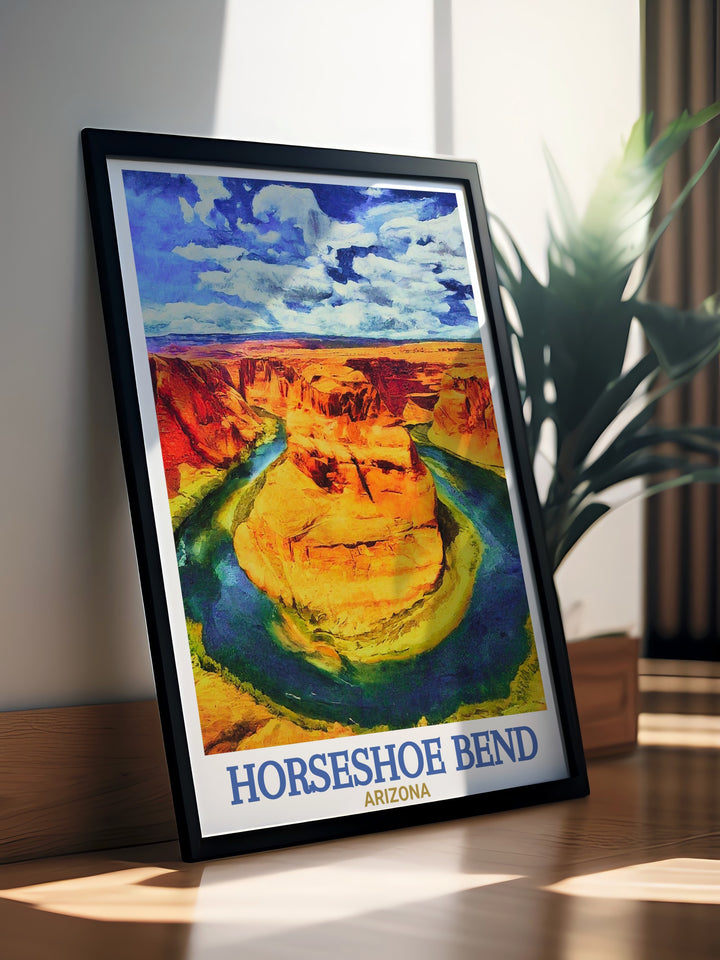 Enhance your home decor with this Horseshoe Bend wall art, offering a vibrant and detailed depiction of Arizonas famed landmark, ideal for anyone who loves nature and National Park prints.