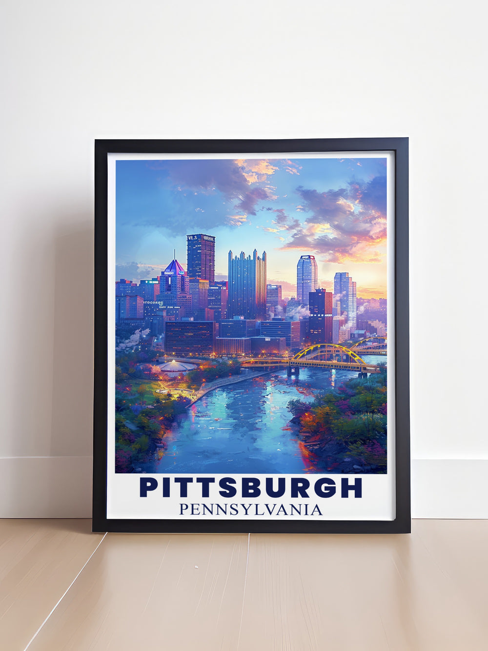 Fine art print of Pittsburghs cityscape, featuring the skyline and famous bridges. The intricate details of the artwork celebrate Pittsburghs architecture and natural beauty, making it a standout piece for urban décor.