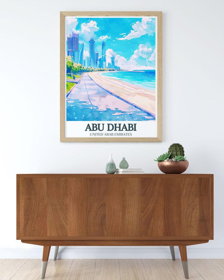 Unique artwork of Abu Dhabi Corniche and Corniche beach. This Emirates travel poster showcases the vibrant atmosphere and stunning scenery, making it a great addition to any art collection. Perfect as a gift for those who appreciate coastal beauty.