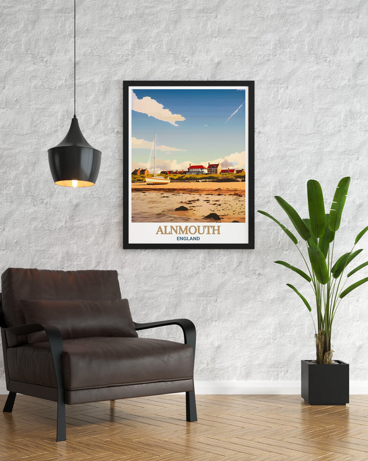 Elevate your living room decor with our Alnmouth Beach modern print a beautiful representation of Northumberlands coastline ideal for adding a touch of elegance and tranquility to your home