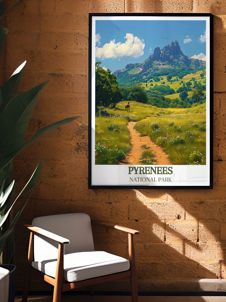 Vintage National Park poster depicting Pic du Midi dOssau capturing the majestic allure of the Pyrenees Mountains ideal for elegant wall decor.